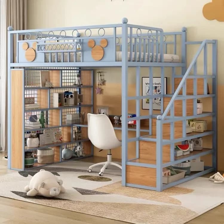 Lenzuolo rialzato in ferro battuto strato superiore letto loft per bambini letto duplex secondo piano con recinzione a scala sotto il tavolo