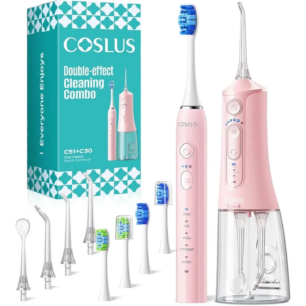 Set of portable electric brushes with oral sprinkler: compact oral hygiene kit for multiple uses and travel, pink