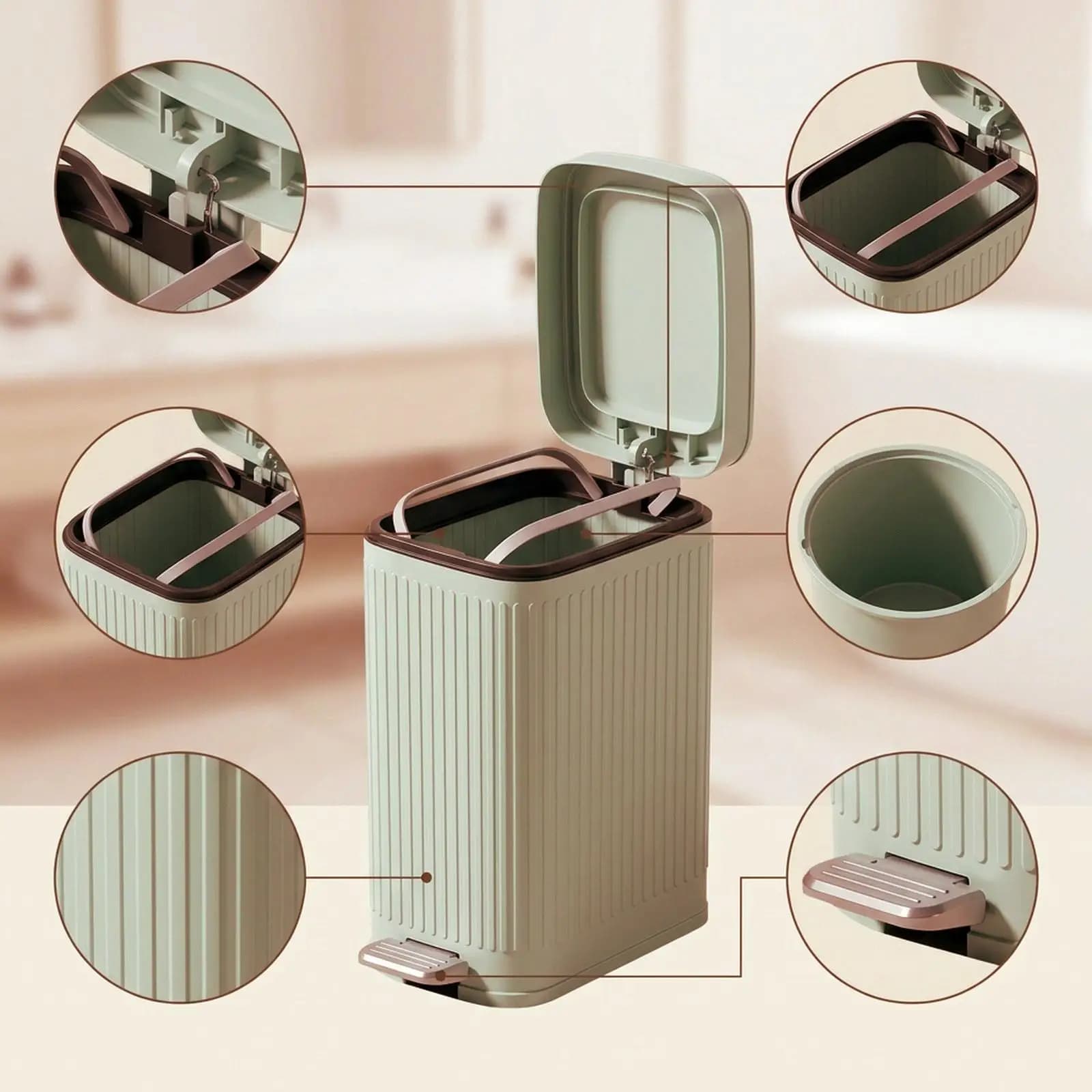 Small Recycling Trash Can PP Plastic Step-on Bin with Press Lid Wastebasket for Kitchen Office and Dormitory