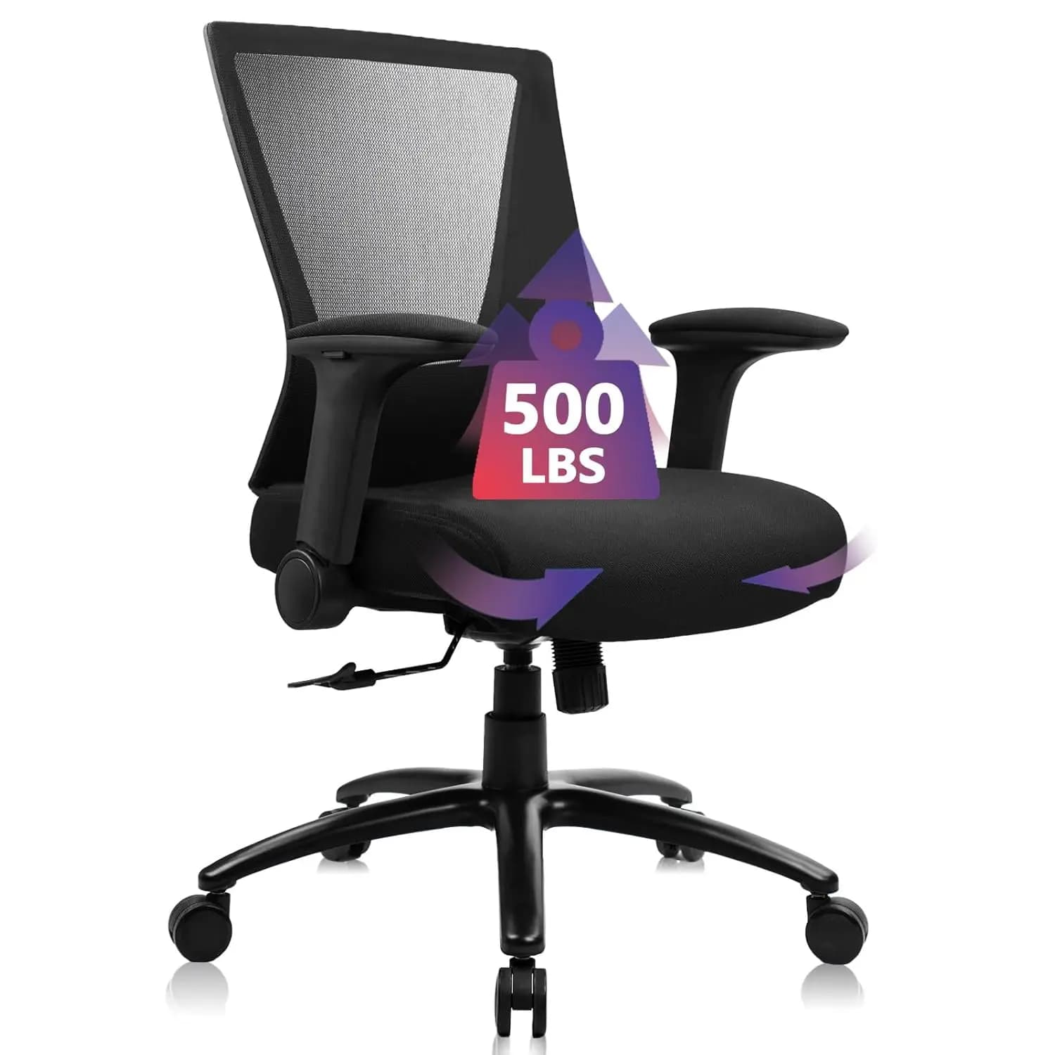 Sedia da Ufficio Ergonomica Grande e Alta, 500 libbre, con Braccioli Ribaltabili, Cuscino Ampio, Girevole, in Rete, per Casa, Studio, Conferenze, Nera, Personalizzabile