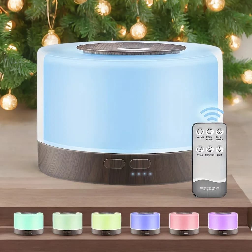 Diffusore per la casa Diffusore di aromaterapia intelligente 500ml Umidificatore ad ultrasuoni con design in legno con telecomando 7 colori LED 6 oli essenziali