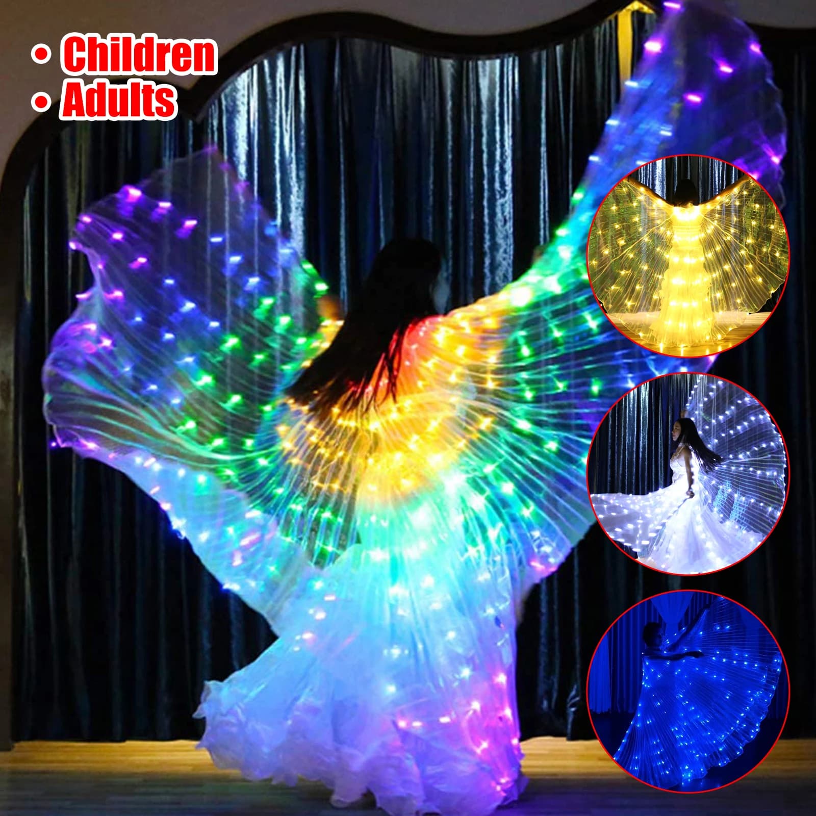Ali di iside a LED ali di farfalla a LED colorate con bastoncini telescopici natale Light Up Performance Costume ali di danza del ventre