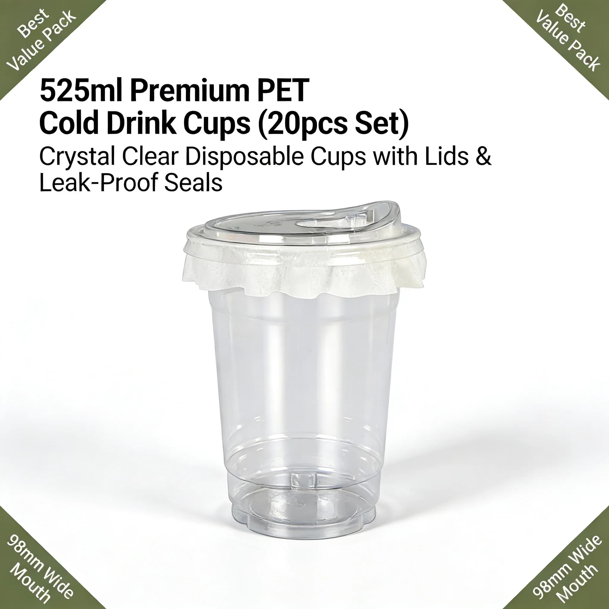 20 PCS PET Cold Drink Cups with Lids Leak-Proof Disposable Clear Plastic Cups for Iced Coffee Bubble Tea Smoothie