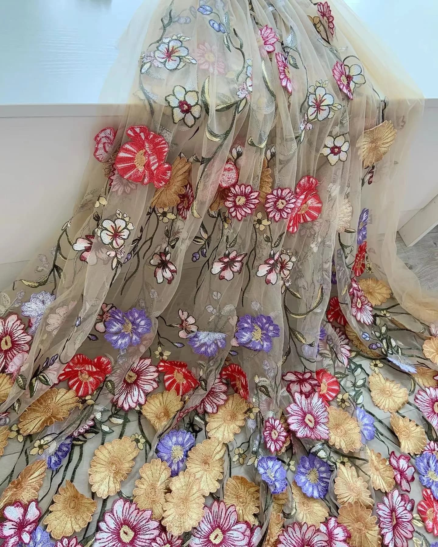Embroidered Flowers Champagne Lace Fabric Colorful Flora Gauze for Ball Gown,Wedding Dress,Stunning Skirt Sewing