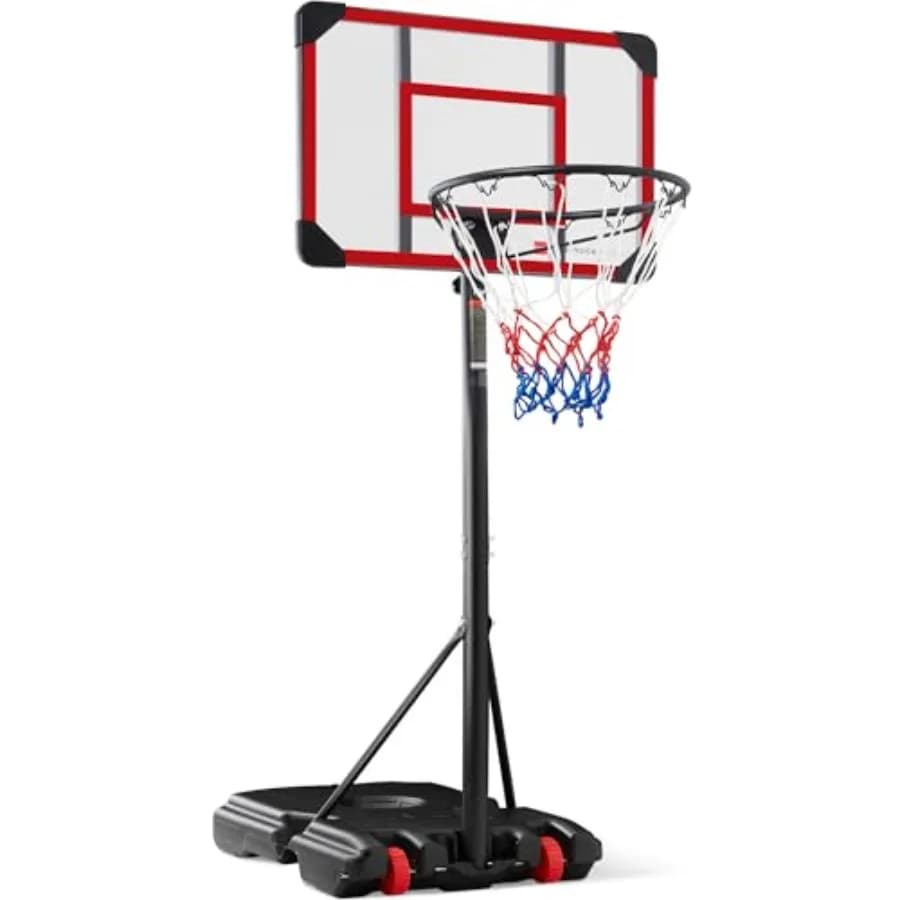 height-adjustable basketball hoop system for outdoor play, durable steel frame, red and blue color, portable with wheels and fi