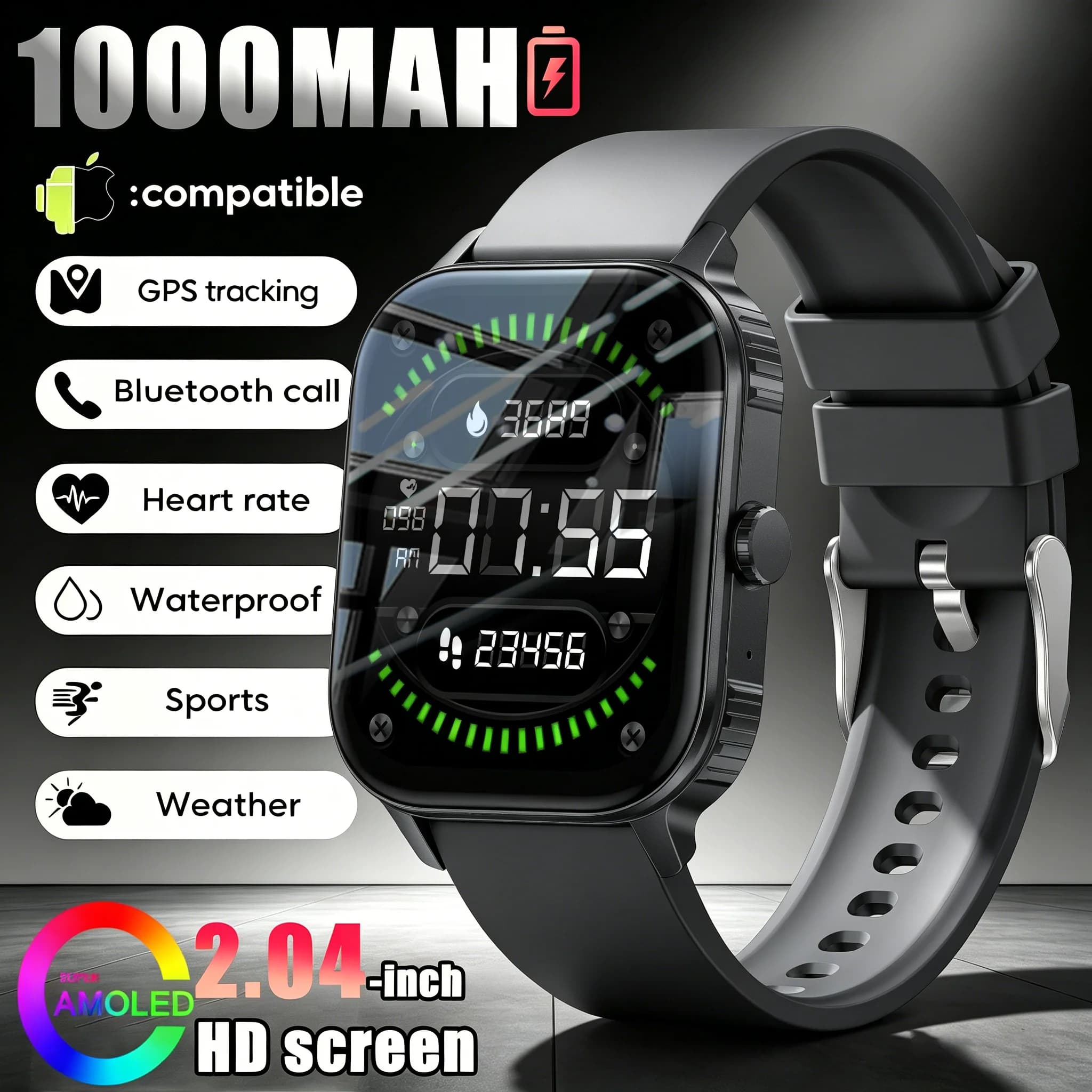 Nuovo Smartwatch Sportivo 2026, Batteria Grande da 1000mAh, Schermo HD da 2.04'', GPS, Impermeabile IP68, Chiamate Bluetooth, Monitoraggio della Salute