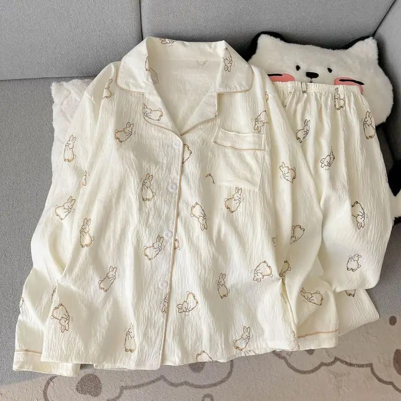 Autumn and Winter Two-Piece Women's Printed Pajamas, Long Sleeved Button Up Collar Top and Pants, Loose Casual Home Suit Set