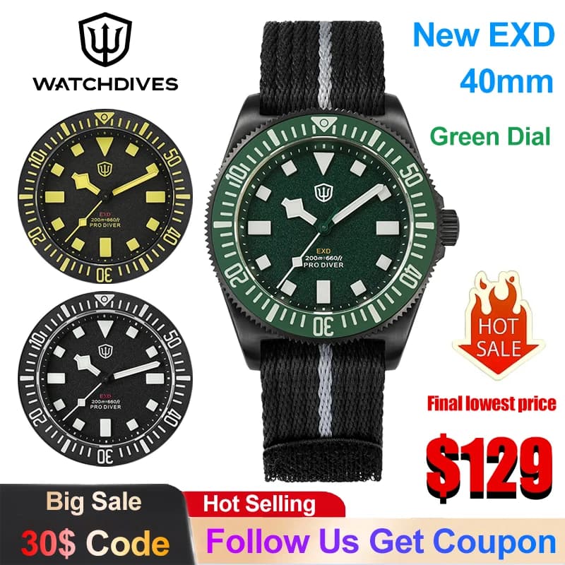 Watchdives EXD Orologi al quarzo 40mm Titanio VH31 Movimento con secondi lisci da registrare Orologio da uomo 200m Impermeabile Luminoso Orologio da polso con zaffiro