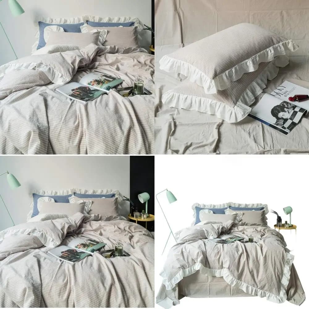 Queen Size duvet set in beige cotton with volant with vintage stripes and zipper closure, luxury bedding in 3 pieces