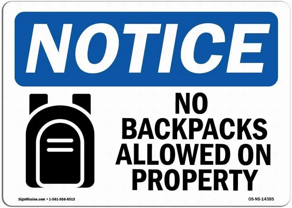 Wall Signs Notice Warning Sign Decor 8x12 Tin Metal OSHA - No Backpacks Allowed Safety Novelty