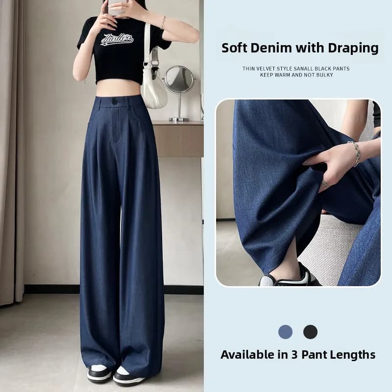 Soft Wide Leg Jeans Women Summer Thin Drapey Slim High Waist Casual Loose Straight Floor-Length Pants