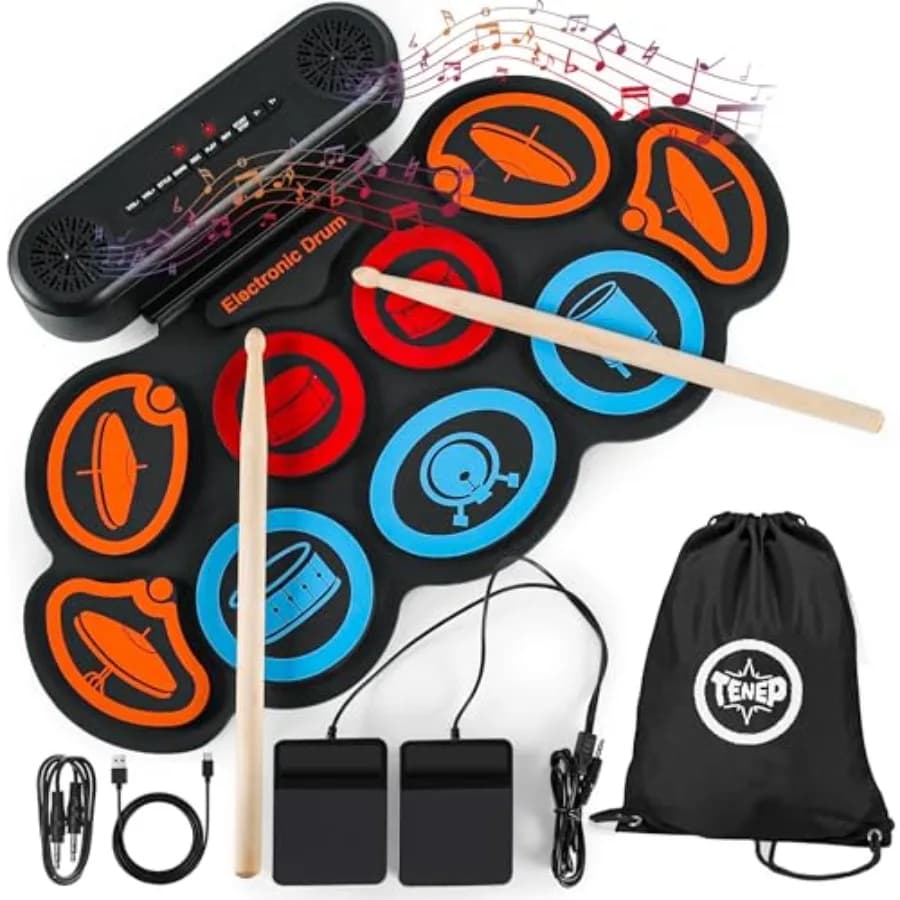 Electronic Drum Set 9 Pad, Portable Roll Up Drum Kit with USB MIDI and Bluetooth, Built-in Speakers, Feet Pedals, Rechargeable