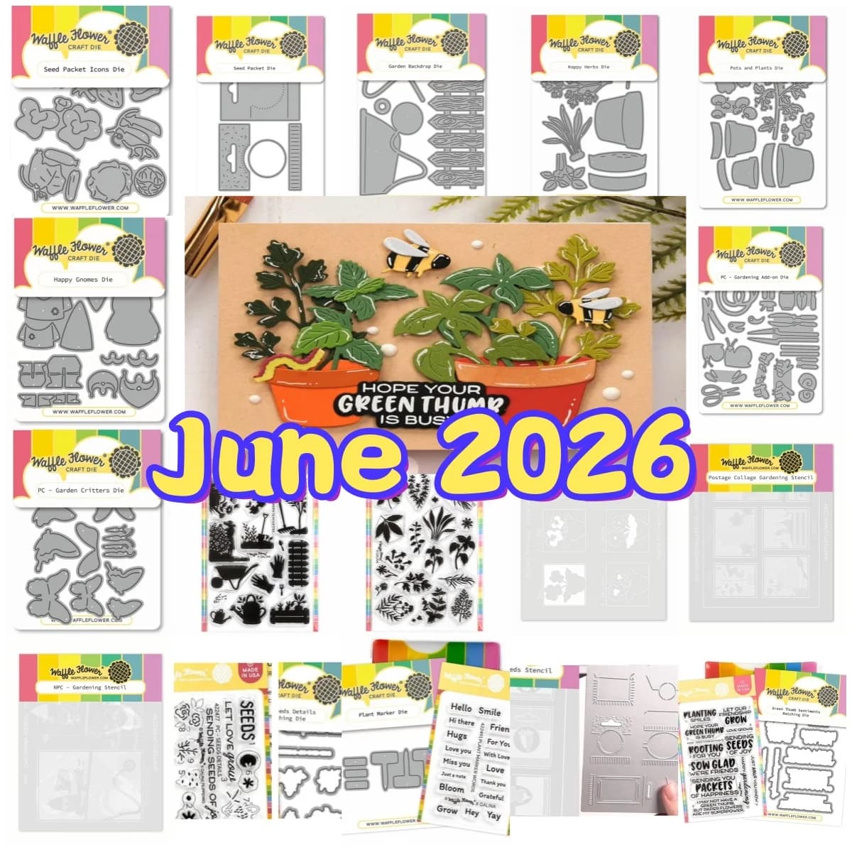 Fustelle in metallo, timbri trasparenti e stencil per la creazione di biglietti fai da te e scrapbooking, con motivi a tema piante, semi, pacchetti postali, collage e giardinaggio, Collezione Estate 2026