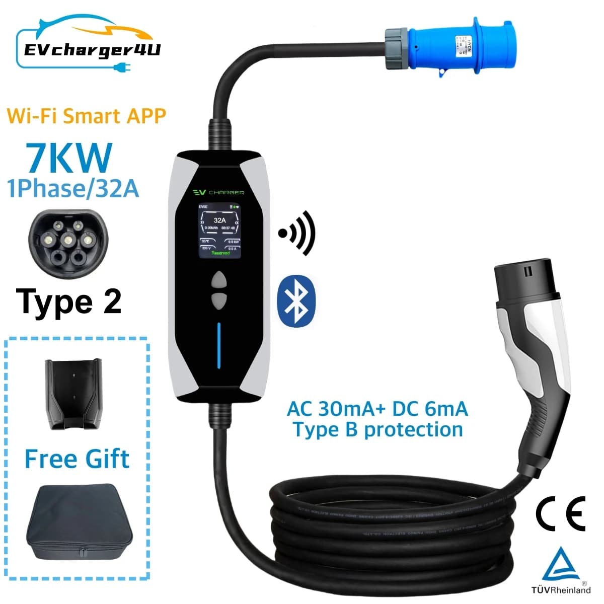 EVcharger4U Type2 IEC62196 EV Portable Charger 1P 7KW 6A-32A Adjustment Current Smart APP WiFi Control for Electric Vehicles