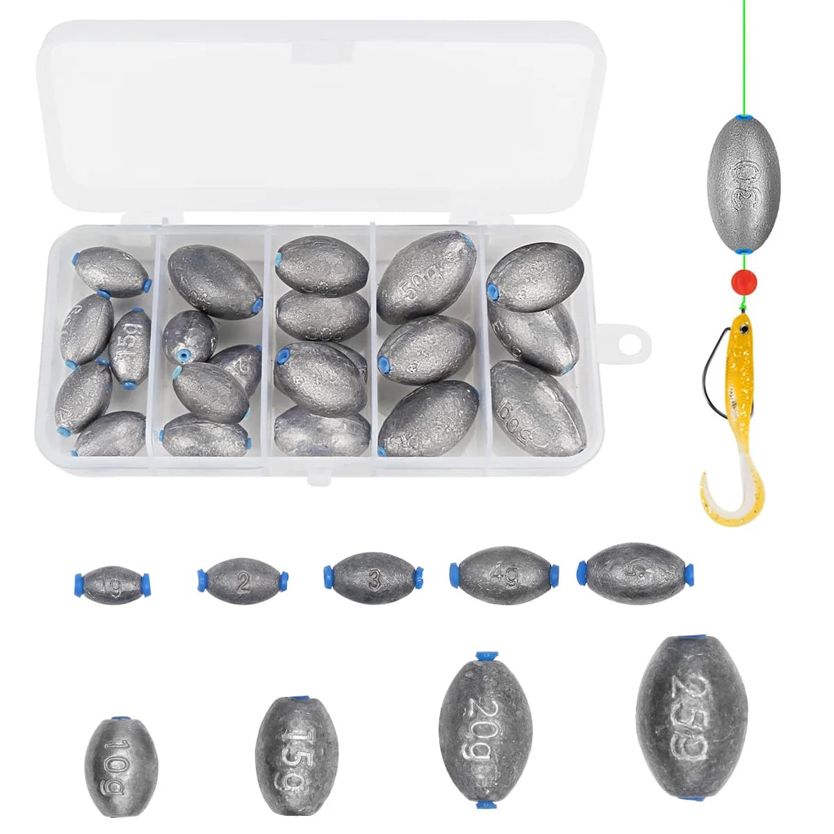 Assortimento di Piombi da Pesca a Forma di Uovo, Piombi Ovali per Bass, Piombi a Proiettile per la Pesca in Acqua Salata e Dolce