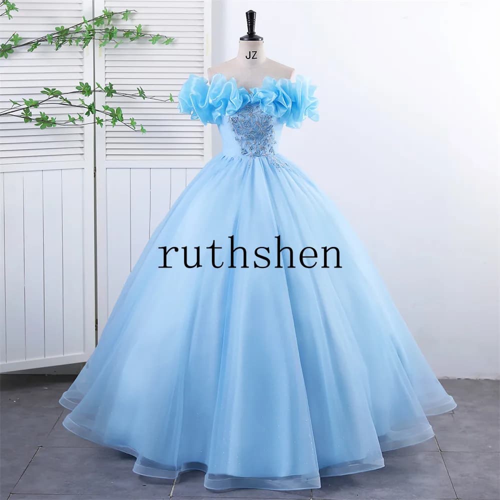 Abiti da fata personalizzati Abiti da dolce 16 Abiti Quinceanera Azzurro con spalle scoperte Sweet 15 Abiti da ballo in maschera da principessa