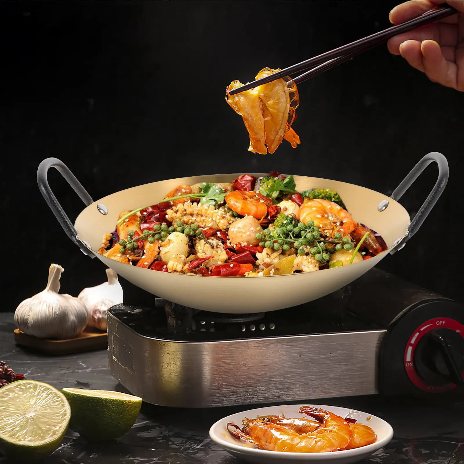 Wok Antiaderente in Acciaio Inossidabile Resistente con Doppi Manici Anti-scottatura, Ideale per Saltare in Padella, Grigliare e per la Cucina Domestica