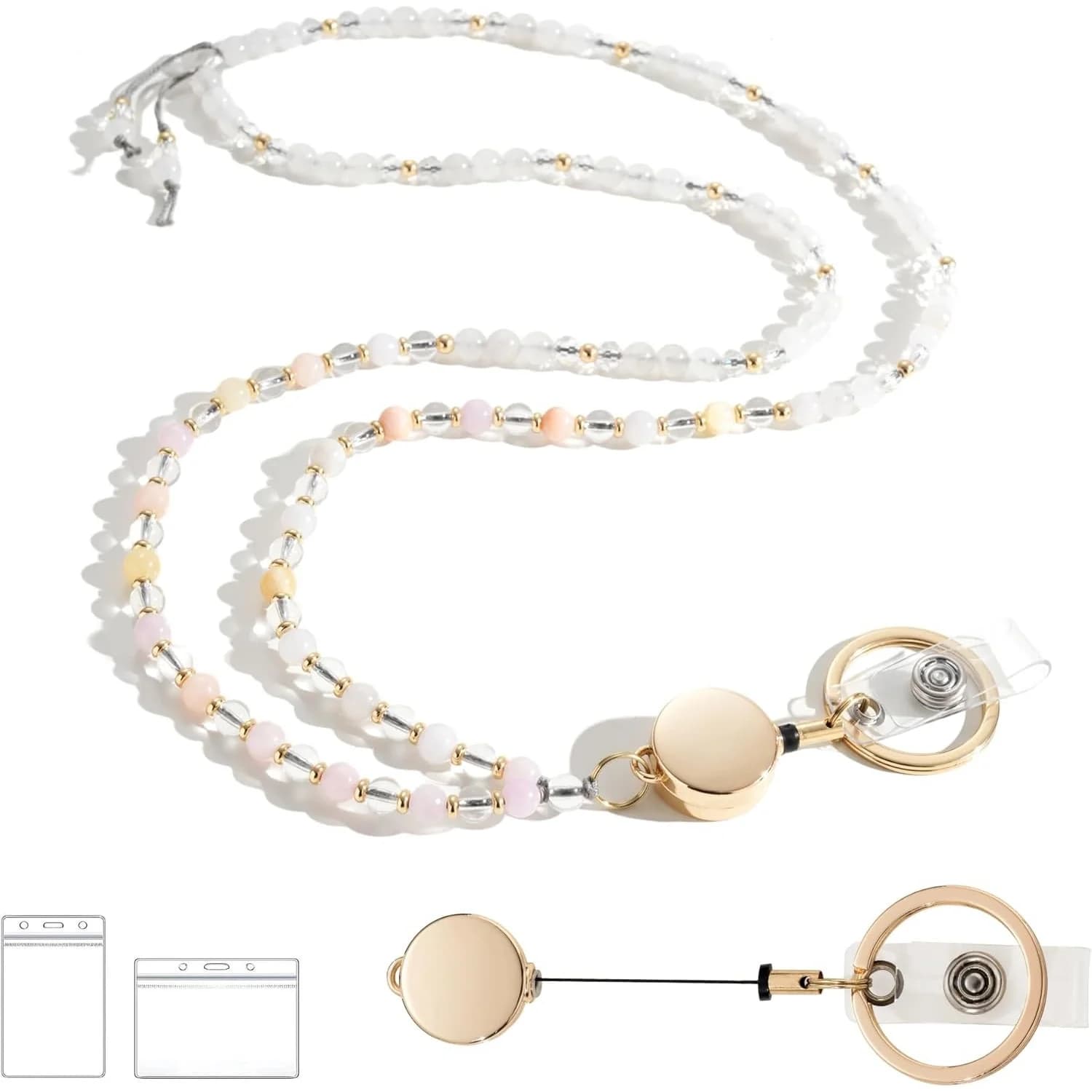 1 set di cordino da collo retrattile in cristallo di pietra rosa naturale con porta badge identificativo, per chiavi, regalo per donna