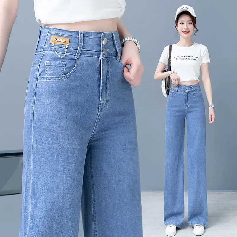 Jeans in denim di seta a vita alta da donna, estivi, casual, a gamba dritta, pantaloni larghi effetto snellente, sensazione fresca