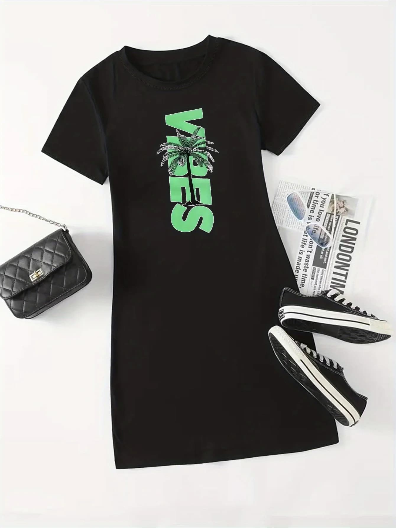 Summer New Styles Women's Black VIBES Palm Tree Print Short Sleeve Dress Casual Loose Round Neck Plus Size Short-sleeved Dress