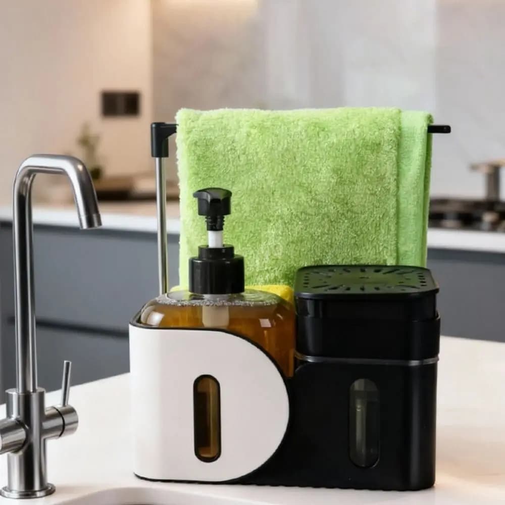 Set Dispenser di Sapone per Mani e Piatti in Plastica con Porta Spugna e Porta Panno 4-in-1 Dispenser di Sapone Ricaricabile a Pressione