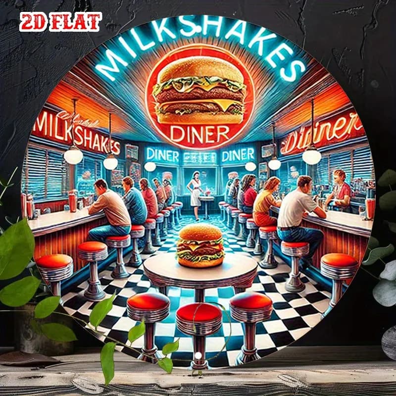 2D piatto, 1 pezzo Retro Diner Neon Lights Rotondo in alluminio - 7,87x7,87 pollici Pavimento a scacchi vintage e frappè Burger Wall Art, V
