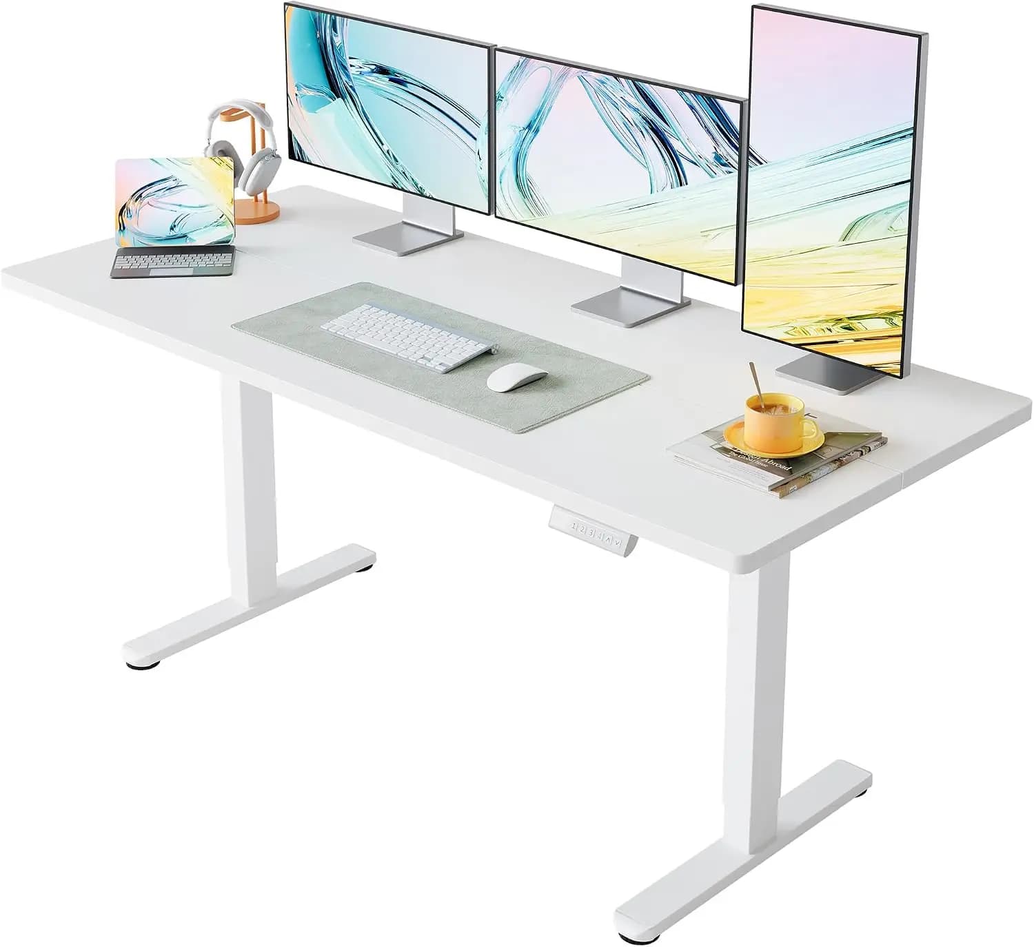 63x28 Inch Electric Standing Desk Height Adjustable White 176 Lbs Capacity Smooth Home Office Desk 4 Memory Presets Headphone Ho