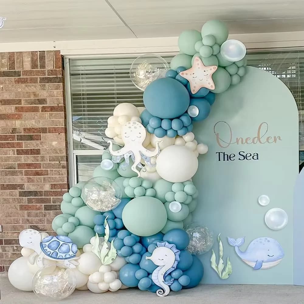Kit Arco di Palloncini Verde Polvere 121 Pezzi, Palloncini Azzurri, Verde Nebbia, Bianco Sabbia per Decorazioni Festa Sottomarina