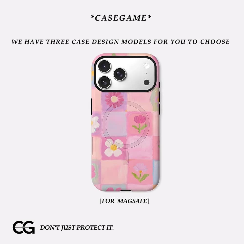 Casegame Cover Opaca Antiurto per iPhone 17 16 15 14 Plus 13 Pro Max con Bumper per MagSafe, in PC Rigido, Fantasia Floreale a Quadretti Pastello
