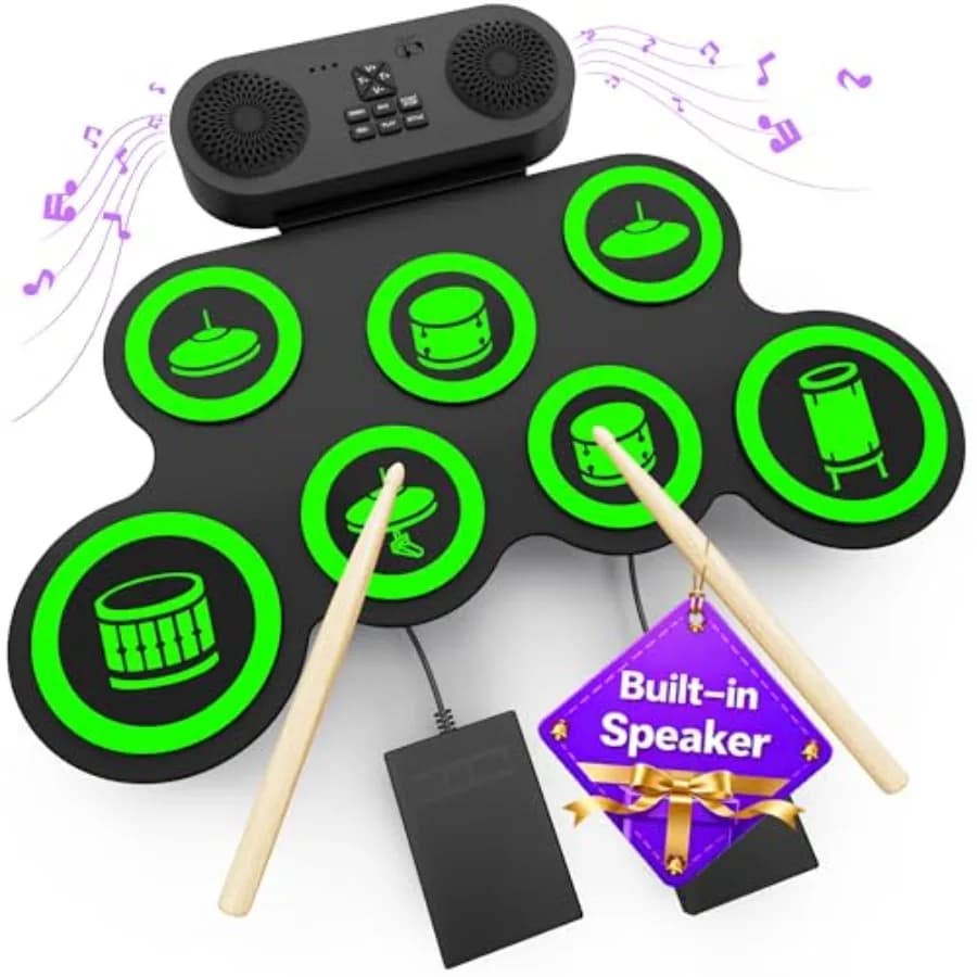 Portable electric drum set with dual speaker, roll-up practice pad and sticks kit for home studio use, black with red accents,