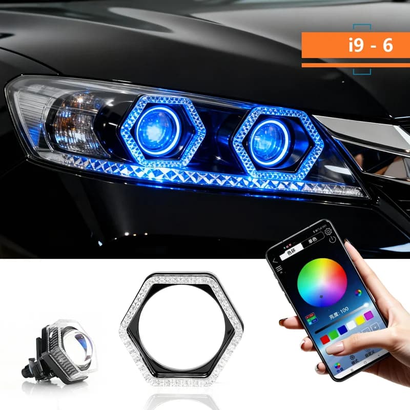 1/2 Pieces Angel Eyes RGB 5D Ring Lights with Direction Indicators, LED Bluetooth APP for Retrofit Moto, DRL for Car Headlights