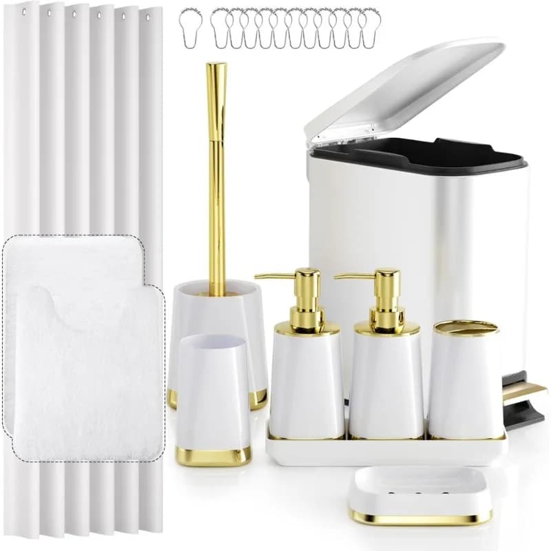 Set di accessori da bagno bianchi di lusso da 23 pezzi con tappeti per tende da doccia, pattumiera in acciaio inossidabile, portasapone per scopino