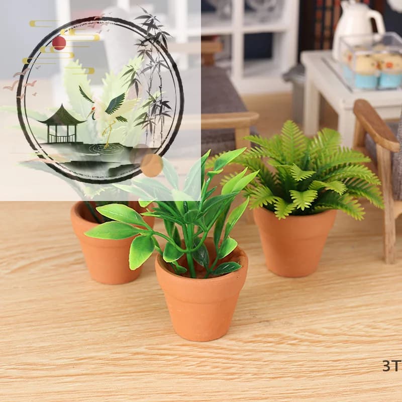Mini Plant in Vase 1:12, Miniature Tree for Doll House, Decorative Green Plant