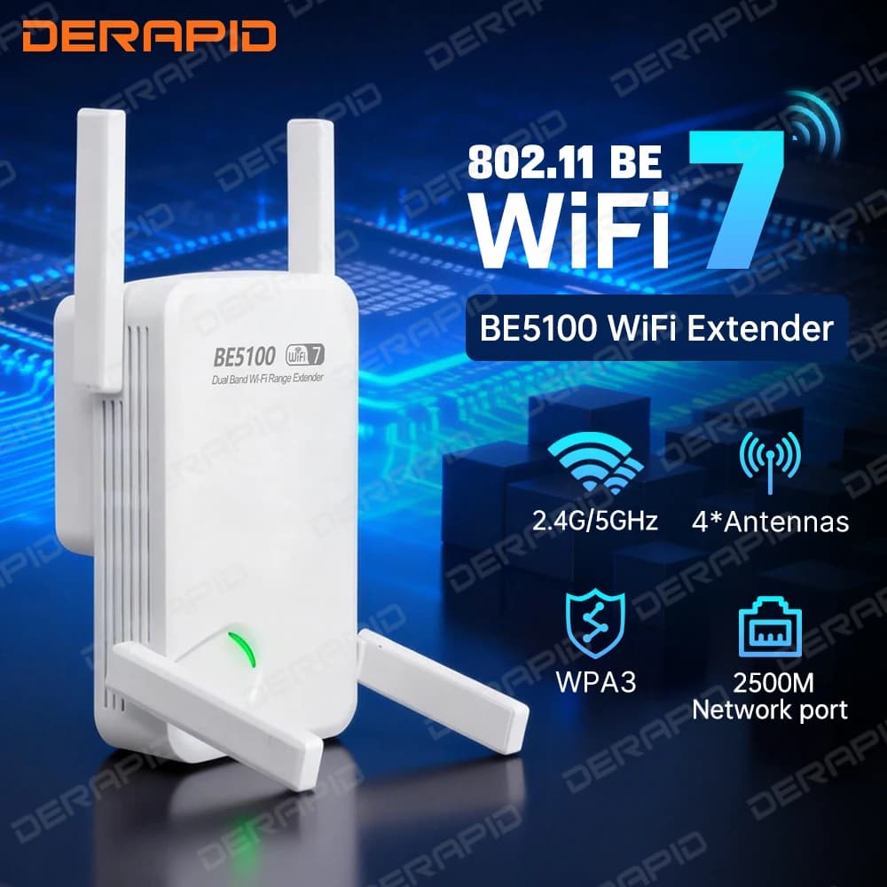 Ripetitore Wi-Fi 7 5100Mbps 2.4G/5G con 4 Antenne, Amplificatore di Segnale Wi-Fi con Spina EU/US, Reset WPS per Router