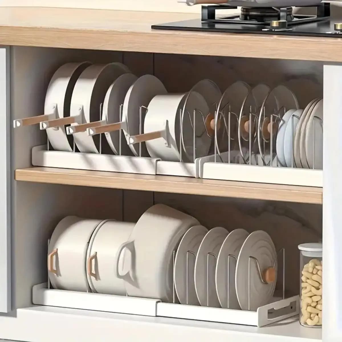Expandable Organizer for Kitchen Pots and Cookware Under Wardrobe with 7 Adjustable Dividers, Container for Foods and Covers, 1 Piece