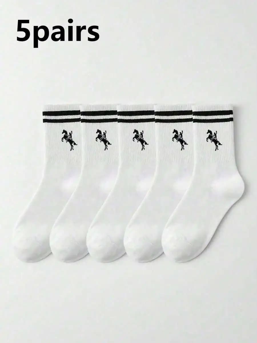 5 Pairs Unisex Mid-Calf Socks With Horse Print And Striped Cuff, Soft Cotton Blend, Casual Sports Socks