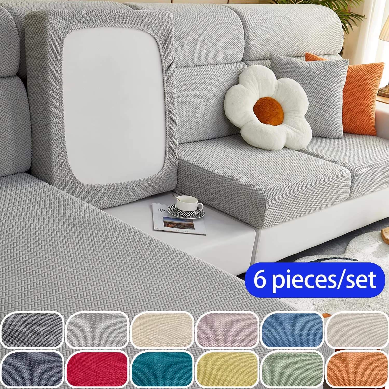 XM-Luvetoria 6pc/set Jacquard Sofa Cushion Covers Solid Color Stretch Twill Sofa Slipcover , 3 Back Cover +2 Single Seat Cover +1 Chaise longue