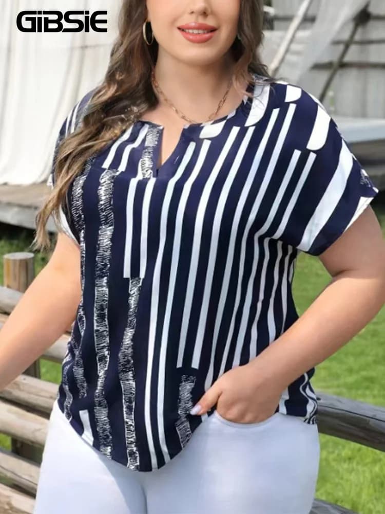 GIBSIE Plus Size Shirt with Striped Heel Top Women 2025 New Summer Raglan Sleeve Casual Coached Fashion Blouse Women's Blusas