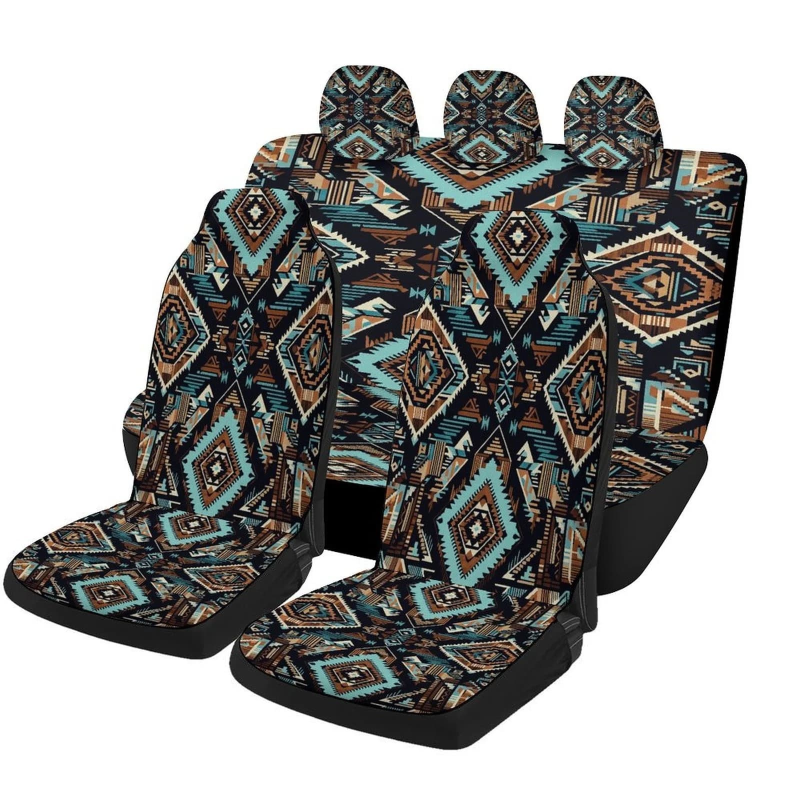 Set Of Car Seat Covers Featuring An Aztec Design, Suitable For Various Vehicles. Stylish And Breathable, These Decorative Covers