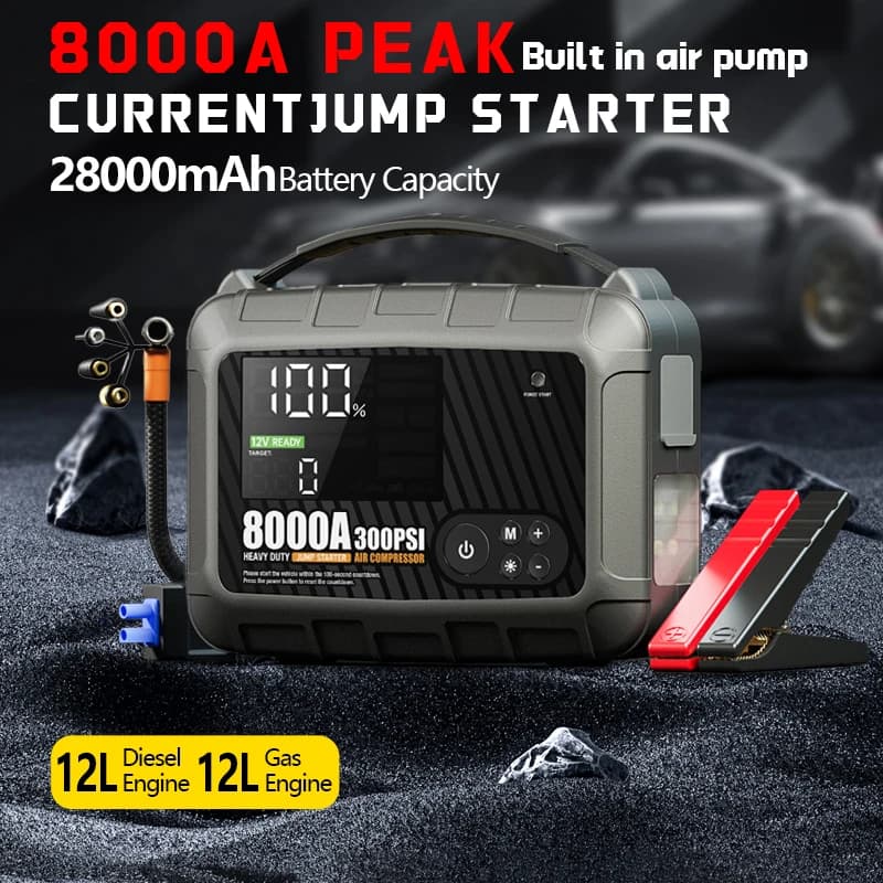 Dispositivo per batteria per auto 12V ad alta potenza per veicoli pesanti professionali da 8000 A, alimentatore portatile con pompa di gonfiaggio