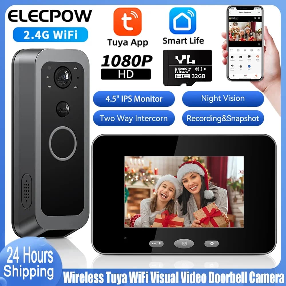 Campanello Video Wireless Elecpow Tuya Wifi 1080P HD con Visione Notturna PIR, Rilevamento Movimento, Telecamera di Sicurezza Intelligente per Esterni