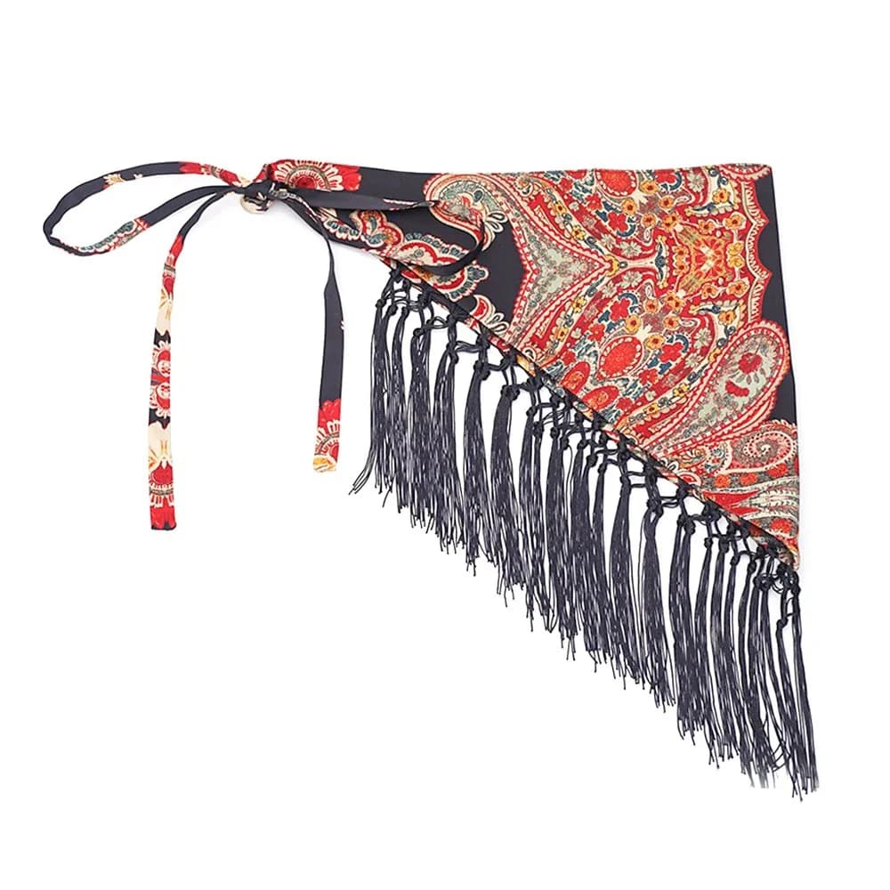 Ethnic Triangular Waistband Millennial Spice Girl Style Tassel Tassel Hem Skirt with Wide Belt Exquisite Retro Style