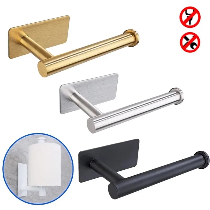 Adhesive Paper Holder Stainless Steel Stand Kitchen Bathroom Toilet Paper Towel Roll Shelf Tissue Hang
