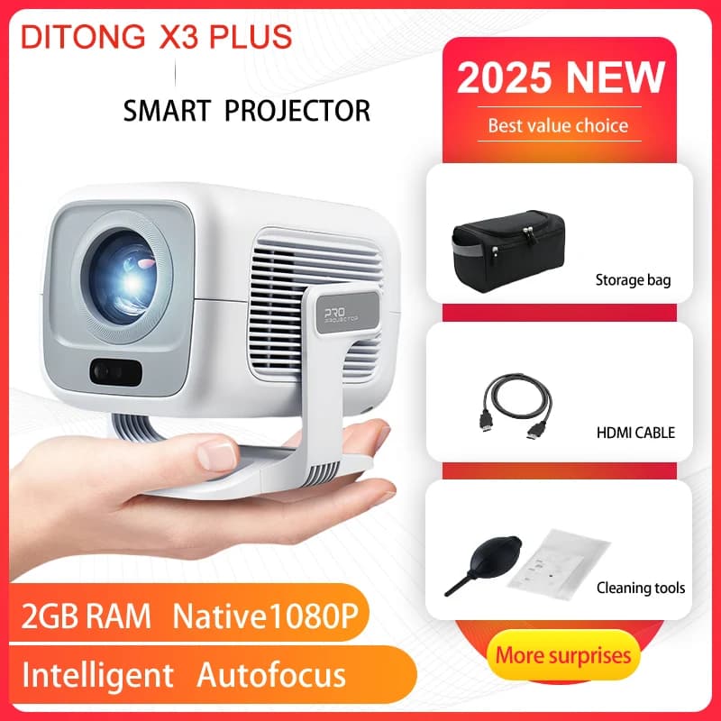 DITONG X3 Plus Proiettore HD Supporto nativo 1080P Proiettore Android 4K Messa a fuoco automatica Video LED Home theater mini Proiezione cinematografica