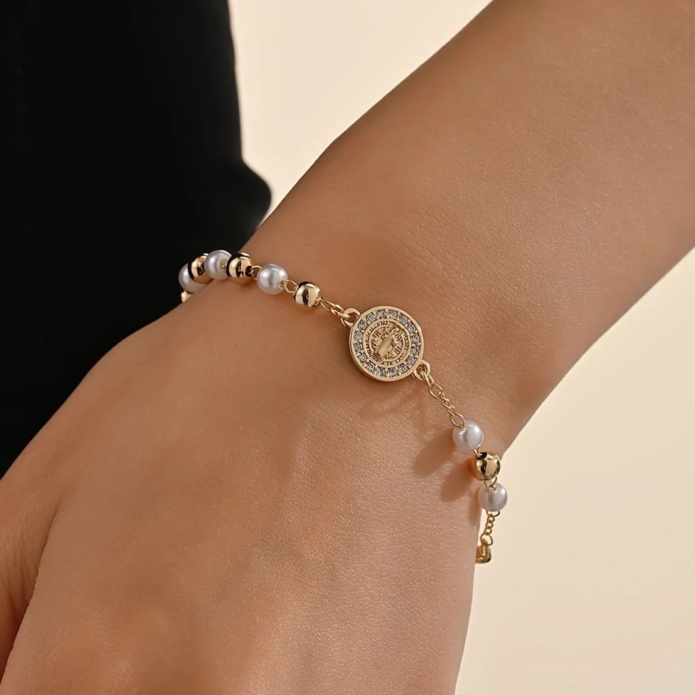 Braccialetti trasversali lucidi CZ Vergine Maria San Benito per ragazza Rame con perle simulate Perline a catena con rosario Pulseras