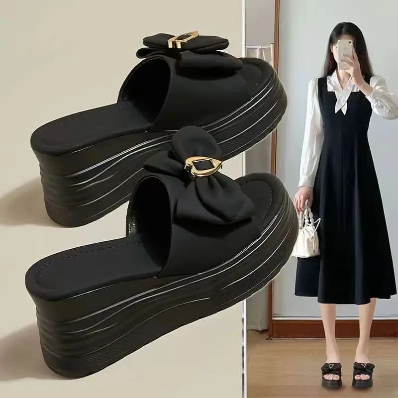 Pantofole da donna con nodo A fiocco in pelle PU che aumentano l'altezza scarpe morbide e spesse leggere su una piattaforma con zeppa diapositive tacchi Pantofle estate