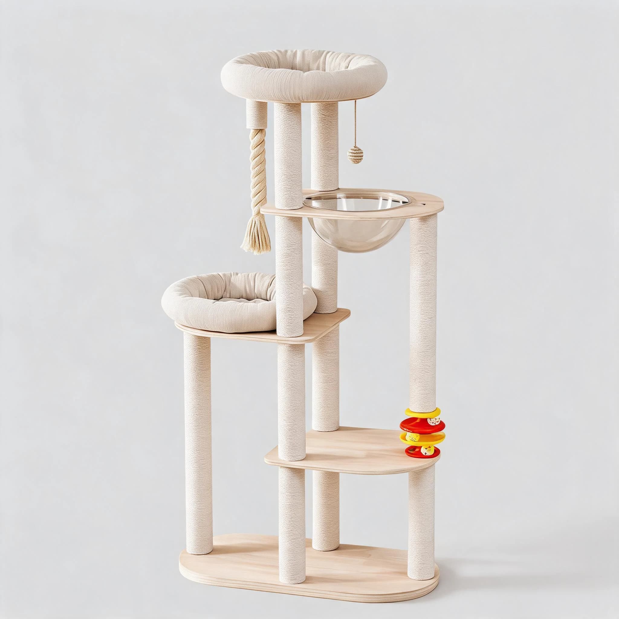 Luxury Classic 154cm Wood Cat Tree Modern Cat Tower Space Capsule Double Perch 2 Levels Interactive Toy Scratching Post Activity