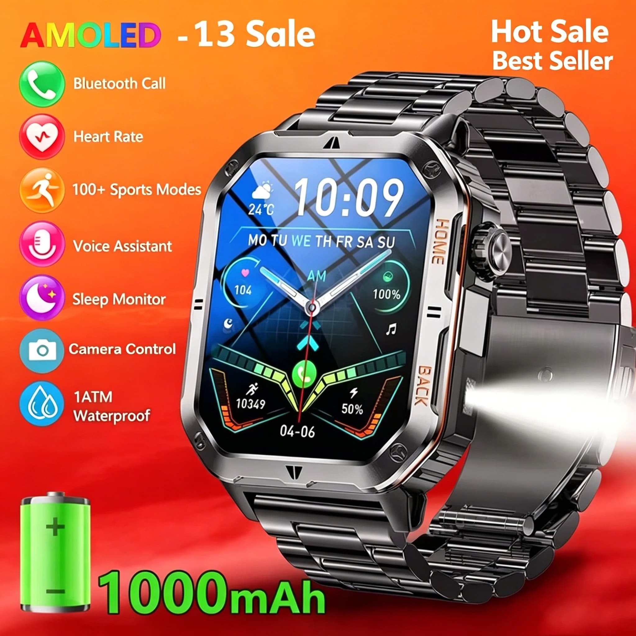 Nuovo Smartwatch Globale 2.01 Pollici con Batteria Grande da 1100mAh, Luce LED, Bussola, Orologio Sportivo da Uomo per Esterni, Assistente Vocale, Chiamate Wireless