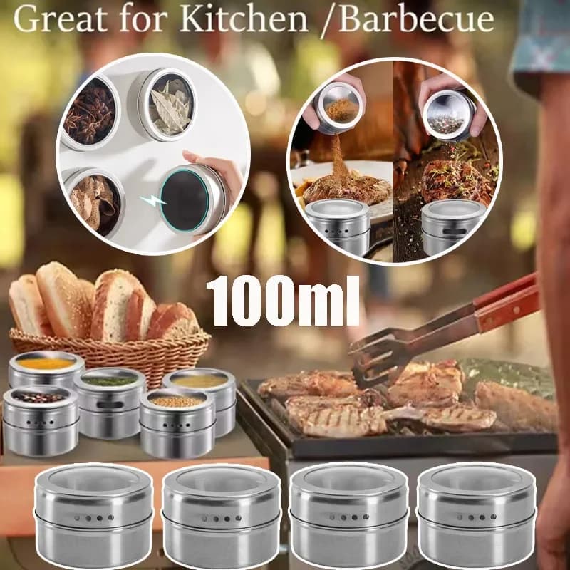 Magnetic Spice Jar Set Stainless Steel Spice Tins Spice Storage Container Pepper Seasoning Sprays Tools