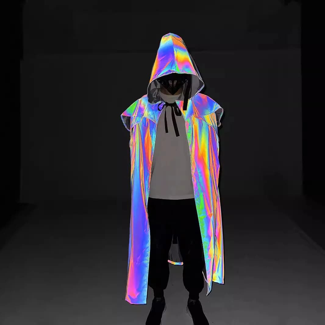 Reflective Long Cloak Hoodie Men Nightclub DJ Singer Stage Performance Party Rave Outfit Halloween Cosplay Anime 2026